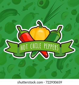 Vector emblem with colorful peppers. Mexican green fresh pepper illustration
