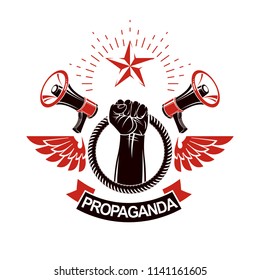 Vector emblem composed with muscular raised clenched fist surrounded with rope, bird wings and loudspeakers. No limits and restrictions conceptual emblem.
