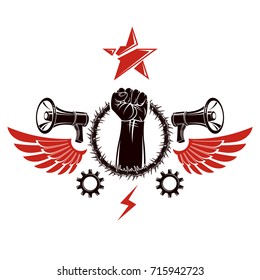 Vector emblem composed with muscular raised clenched fist surrounded with thorn wreath, bird wings and loudspeakers. No limits and restrictions conceptual emblem.
