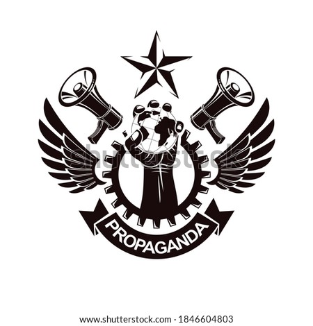 Vector emblem composed with revolutionary clenched fist holding Earth surrounded by gear symbol, liberty wings and loudhailers. Propaganda as the means of influence on global public opinion.