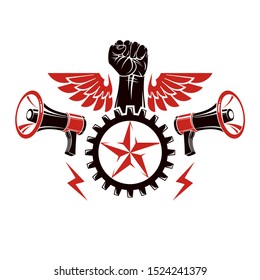 Vector emblem composed with strong raised clenched fist surrounded by cog wheel, freedom wings and loudspeakers. Proletarian leader abstract symbol.