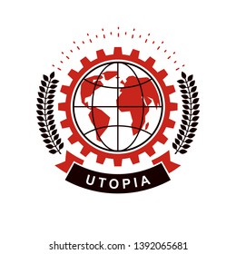 Vector emblem composed using Earth globe surrounded with industrial gear and decorated using laurel wreath. Proletarian revolution abstract symbol, socialism concept.