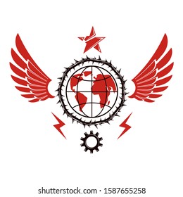 Vector emblem composed using Earth globe surrounded with industrial gear and decorated using pentagonal star. Proletarian social revolution abstract symbol, totalitarian utopia.