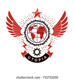 Vector emblem composed using Earth globe surrounded with industrial gear and decorated using pentagonal star. Proletarian social revolution abstract symbol, totalitarian utopia.