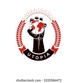 Vector emblem composed using strong muscular raised arm holding planet Earth and decorated with laurel wreath. Martial arts symbol can be used as tattoo.