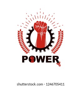 Vector emblem composed using strong muscular raised arm surrounded by industrial cog wheel. Proletarian leader abstract symbol.