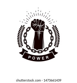 Vector emblem composed using strong muscular raised clenched fist surrounded with iron chain. Can be used as sport team emblem or revolution leader abstract sign.