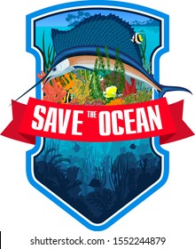 Vector emblem with coral reef,  swordfish Atlantic sailfish and colorful tropical fish	