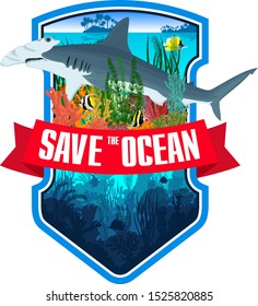 Vector emblem with coral reef,  tropical fish and hammerhead shark