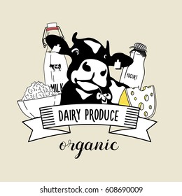 Vector Emblem Of The Cow And Dairy Products.