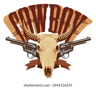 Vector emblem for a Cowboy Rodeo show. Decorative illustration with skull of bull and two pistols in retro style. Suitable for banner, logo, icon, invitation, flyer, label, tattoo, t-shirt design