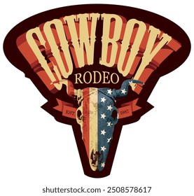 Vector emblem for Cowboy Rodeo show. Decorative illustration with skull of bull with USA flag and lettering in retro style. Suitable for banner, logo, invitation, flyer, label, tattoo, t-shirt design