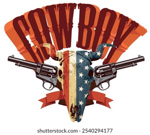 Vector emblem for Cowboy Rodeo show. Decorative illustration with skull of bull with USA flag and two pistols in retro style. Suitable for banner, logo, icon, invitation, flyer, label, tattoo, t-shirt