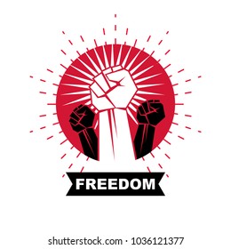 Vector emblem created with clenched fist of a muscular person. Civil war abstract symbol.