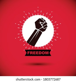 Vector emblem created with clenched fist of a muscular person. Civil war abstract symbol.