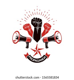 Vector emblem created with fist of strong man and loudhailers equipment. People demonstration, fighting for their rights and freedom.