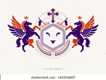 Vector emblem created in vintage heraldic design. Retro style label composed using mythic Pegasus, religious cross and lion head.