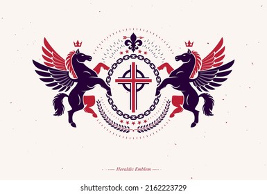 Vector emblem created in vintage heraldic design. Retro style label composed using mythic Pegasus, religious cross and royal crown.