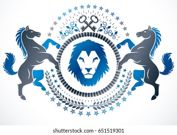 Vector emblem created in vintage heraldic design. Vector blazon composed with graceful horse illustration, security keys and wild lion.