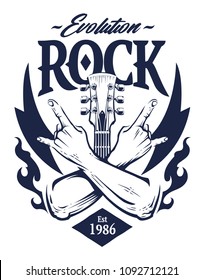 Vector Emblem With Crossed Hands Sign Rock N Roll Gesture, Guitar Neck And Flames. Monochrome Rock Emblem Template.