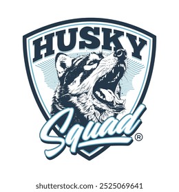 Diseño de emblema de Vector con perro husky en forma de insignia con tipografía. Perfecto para mascotas de marca, logo de ropa o estampado de streetwear.