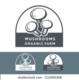 Vector emblem design mushroom organic farm. Design element, icon, emblem and badge isolated on white background. Stylish mushroom symbol or logo template