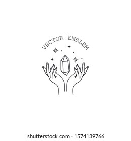 Vector emblem design in trendy linear minimal style. Hands with diamond - symbol for cosmetics, jewellery, beauty products