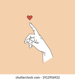 Vector emblem, design in trendy linear minimalist style. Postcard with minimalistic linear style. Hand pointing with index finger to heart. 
