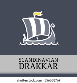 Vector Emblem with Drakkar - Emblem for Travel company. Symbol of Scandinavian Warship Isolated on dark background.