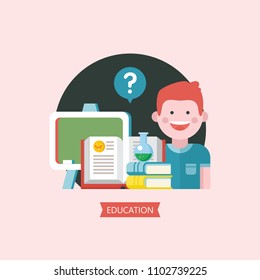 Vector emblem of education. Logo of school, College. A fun student, an open book, a blackboard, a stack of textbooks and a chemical flask.