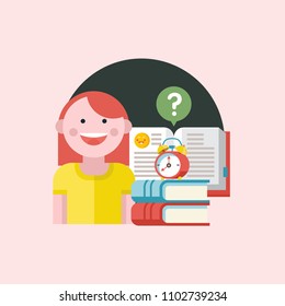 Vector emblem of education. Logo of school, College. Funny student with books and laptop. On the stack of books is an alarm clock to the morning the girl was not late for school.