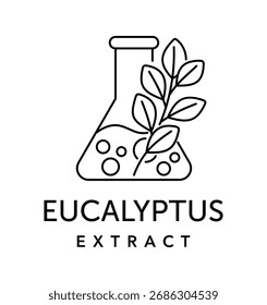 Emblema vetorial com ramo de eucalipto em frasco de laboratório. Símbolo de extrato natural, óleo essencial, cuidados de saúde orgânicos, bem-estar, aromaterapia, cosméticos, medicina e projeto de tratamento à base de plantas