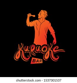Vector emblem of exited man singing, soloist holds a microphone in hand. Karaoke bar, feel yourself a superstar.