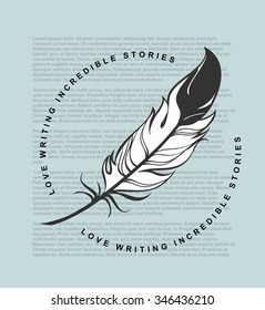 Vector emblem feather on a background of newspaper text 