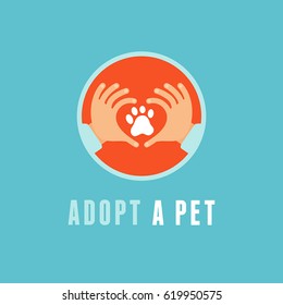 Vector emblem in flat style - adopt a pet - emblem with hands and animal paw