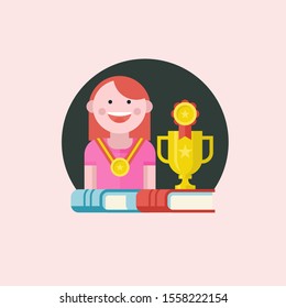 Vector emblem in flat style. Cheerful girl with a medal. Books and sports Cup.