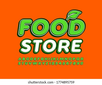 Vector emblem Food Store with decorative Leaf. Fresh Green Font. Trendy Alphabet Letters and Numbers