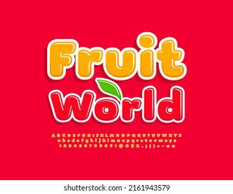 Vector emblem Fruit World with decorative Leaf. Orange sweet Font. Bright Alphabet Letters, Numbers and Symbols set