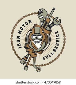 vector emblem garage skull helmet around tools