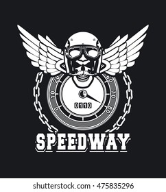 vector emblem garage skull helmet around tools Black and white