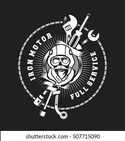 vector emblem garage skull helmet around tools black and white