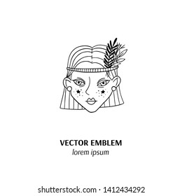 Vector emblem of girl witch face. Magic and witchcraft. Wild magic style design. Isolated illustrations - great for stickers, coloring book. 