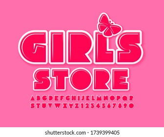 Vector emblem Girls Store with Butterfly. Bright creative Font. Pink Alphabet Letters and Numbers