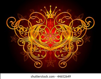 Emblema vetorial - coração de caligrafia dourada, flores ornamento & coroa - fundo preto