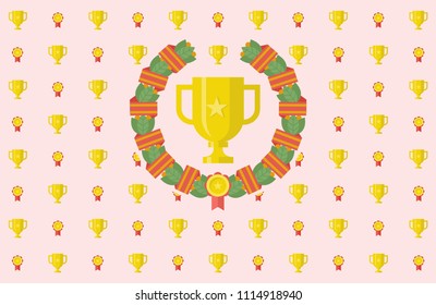 Vector emblem with a gold Cup and a Laurel wreath. Welcome back to school. Press wall for a photo shoot. Vector emblem of education.