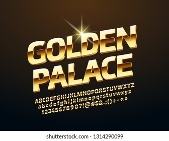 Vector emblem Golden Palace with Chic Font. Luxury glossy 3D Alphabet Letters, Numbers and Symbols