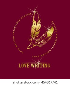 vector emblem golden pen writing on a burgundy background, Marsala