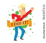 Vector emblem with green balls, yellow banner and with cartoon image of a happy young man with blond hair standing and rejoicing on a white background. Happy people. Inscription "I did it".