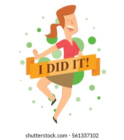 Vector emblem with green balls, yellow banner and with cartoon image of a happy young woman with brown hair dancing and smiling on a white background. Happy people. Inscription "I did it".
