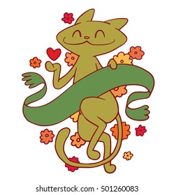 Vector emblem with green banner, colorful flowers and with cartoon image of a cute light green cat, dancing and smiling on a white background. Pet. Positive character. Cat. Vector illustration.